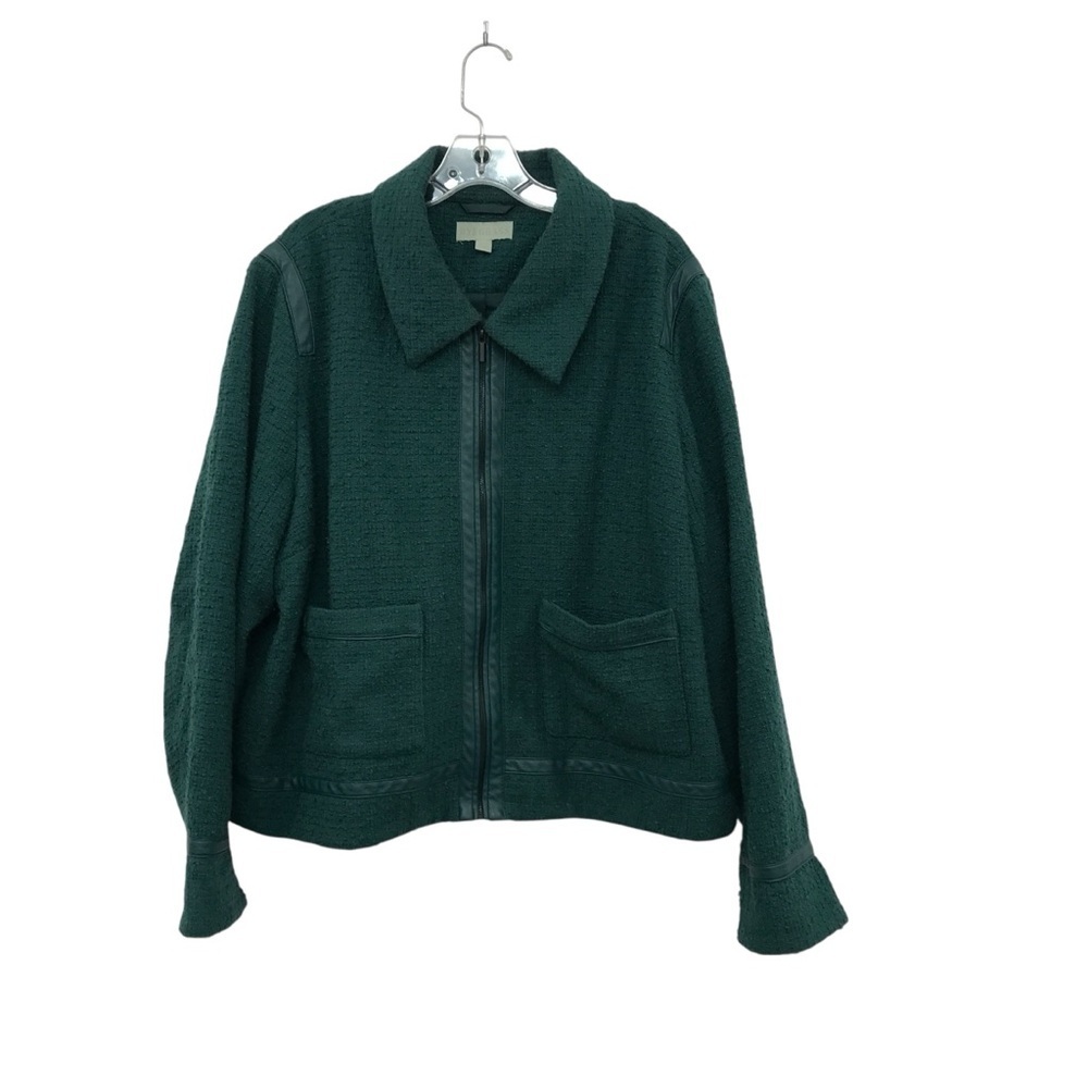 Ryegrass Jacket Woven Boucle Womens 1X Green Faux Leather Trim Pockets Full Zip